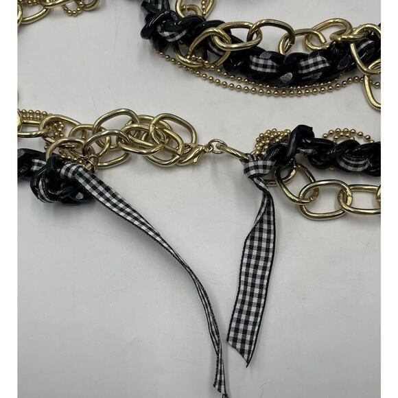Betsey Johnson Heavy Multistrand Necklace Gold Tone Black White Ribbon Bow Charm - Picture 7 of 14